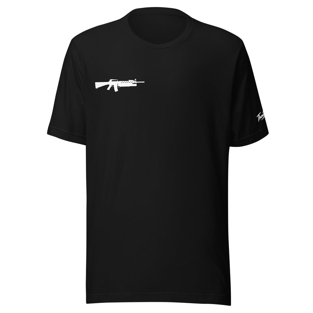 Black M16/M203 t-shirt with minimalist right chest launcher graphic.