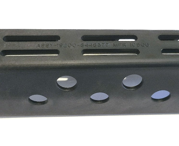 Close up of M203 rifle length handguard showing part number and cage code.